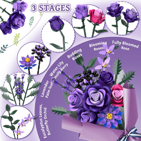 Ciesa Sets, 834PCS Purple Roses Flower Bouquet Building Artificial Flowers Botanical Collection Compatible with Lego