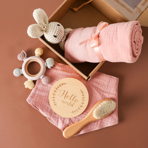 Set Set 6PCS YOUUYS Baby Gift for Newborn - Baby Essential Bath Basket Easter Gift with Baby Blanket Baby Rattle