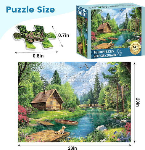 VOLUVOLU 1000 Summer 1000 Piece Puzzles for Adults, Spring and Landscape Jigsaw Puzzle, Wooden House and Dog Jigsaw