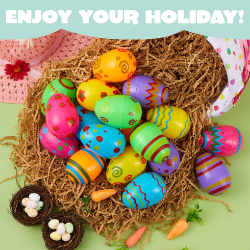 18 3.15'' JOYIN Toy PCs Plastic Printed Bright Easter Eggs, Over Tall Fillable Empty Eggs Bulks for Easter Hunt, Basket