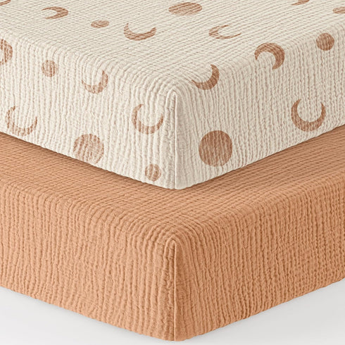 100% 52"x28" 2 Pack Bearmoss Muslin Crib Sheets Cotton Baby Bed Sheets Soft&Breathable Nursery Sheet for Standard Crib