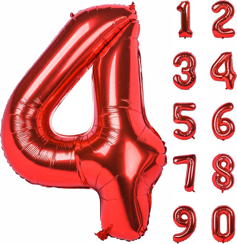 40 Inch Red Big Number 4 Birthday Party Decoration Foil Balloons for Anniversary, Wedding, Girls and Boys Digit 4