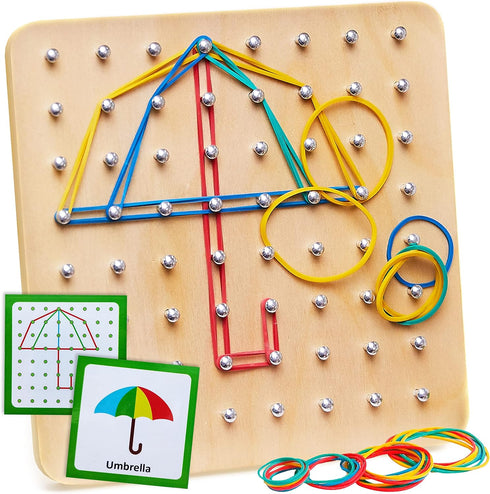 Panda Brothers Wooden Geoboard - Montessori Educational Toy with 30 Pattern Cards and 40 Rubber Bands for 3 4 5 Year