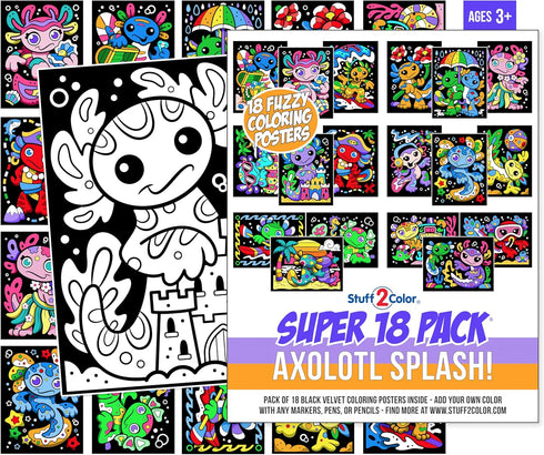 Stuff2Color Axolotl Splash! Fuzzy Velvet Coloring Posters Super Pack of 18 Cute