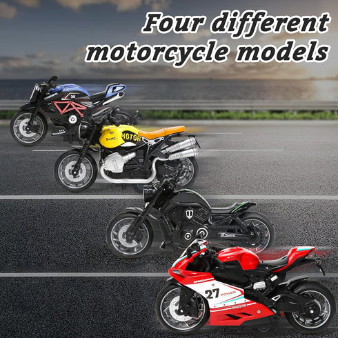 MQDMINI 4-Pack 3-12 Pull-Back Motorcycle Toys - Friction Powered Kids Toy Cars with Lights, Sounds & Automatic Drive
