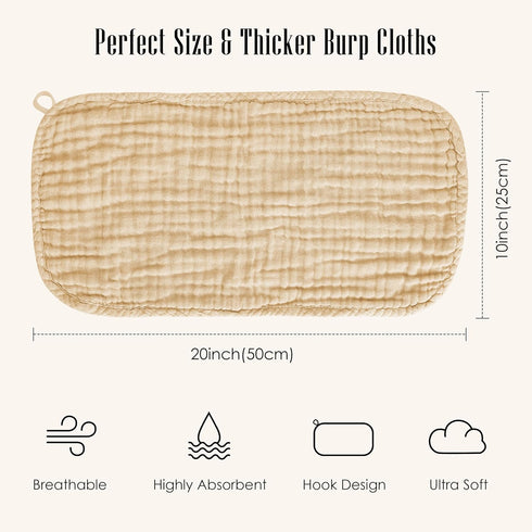 12 Pack Muslin Burp Cloths - Large 20" x 10", Ultra Absorbent 100% Cotton Baby Burp Rags for Boys & Girls, Brown