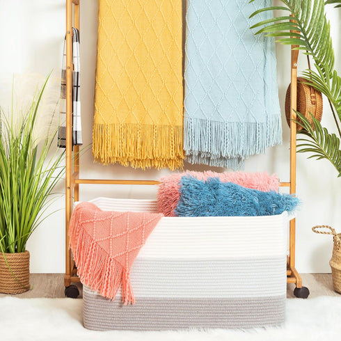 MINTWOOD Design Extra Large Blanket Basket Holder, Rectangle Rope Woven Storage Baskets with Handles, Light Gray