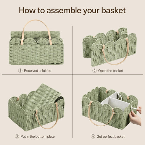 HBlife Large Baby Diaper Caddy, Paper Rope Scalloped Storage Baskets Nursery Bin with Removable Divider, Portable Car