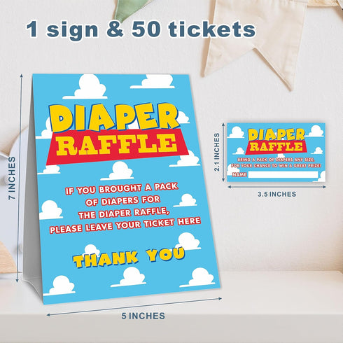 Diaper Raffle Game Kit For Baby Shower(1 Standing Sign + 50 Tickets) - Blue Sky & Cloud Theme - Gender Reveal, Baby Announcement Party Supplies & Decoration - B15