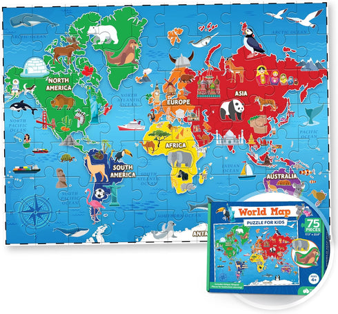 World Map Puzzle for Kids - 75 Piece Geography Jigsaw Puzzles for Ages 4-10, Globe Atlas Puzzle