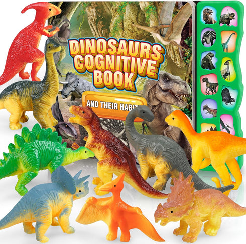 Dinosaur Toys with Sound Book and 12 Toy Figures, Interactive Educational Toys for Kids Ages 3-6
