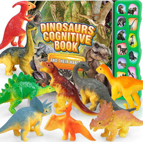 Dinosaur Toys with Sound Book and 12 Toy Figures, Interactive Educational Toys for Kids Ages 3-6