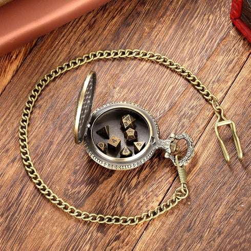 Mini DND Dice Set, 7pcs Polyhedral Metal D&D Dice with Steampunk Warlock Pocket Watch Shell Case, Bronze Gifts