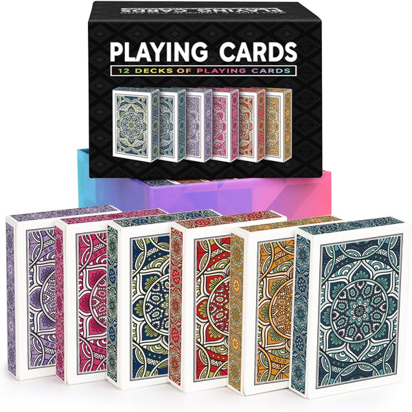 Playing Cards 12 Pack - Standard Poker Cards Set in 6 Bright Colors for Family and Adult Games