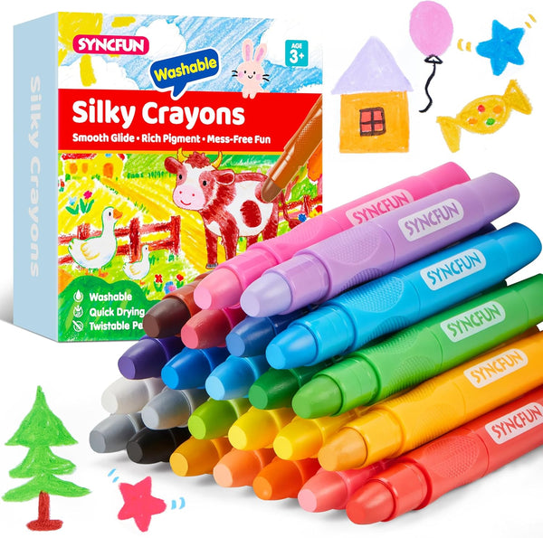 SYNCFUN 24 Pcs Twistable Silky Crayons, Washable Crayons for Paper, Easy to