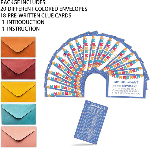 Happy Birthday Treasure Hunt Clues Game Cards, Birthday Party Scavenger Hunt Card Game(20 Cards with Colourful Envelopes), Indoor Outdoor Party Game Supply for Kids Adults Family Teacher Student(A06)