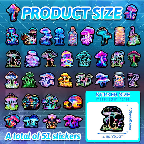 50 Pack Pcs Neon Mushroom Stickers for Kids, Waterproof Vinyl Vegetation Decals for Water Bottle Laptop, Teens Girls