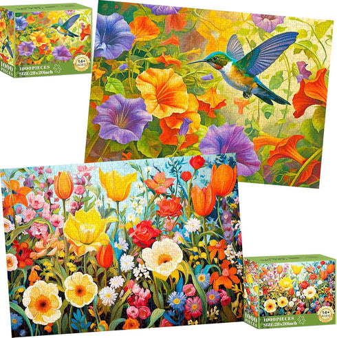 2 Pack Puzzles for Adults 1000 Pieces, Thick and Durable Hummingbirds and Flowers Jigsaw Puzzles