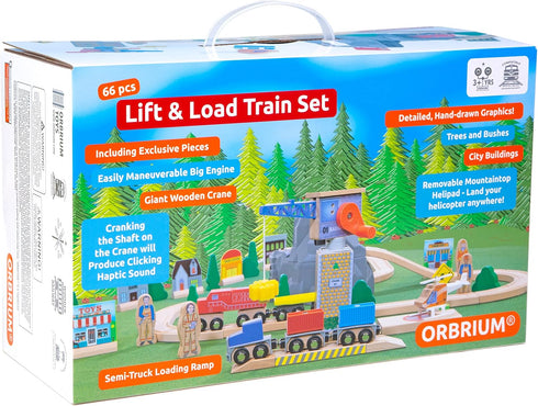 ORBRIUM Lift and Load Wooden Train Set - Magnetic Crane, Helicopter, Diesel Engine, Semi-Truck, Shipping Container,