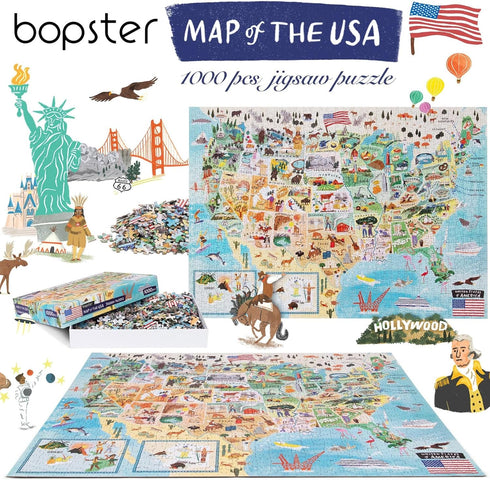 Puzzles for Adults 1000 Pieces - Illustrated US Map Puzzle - United States 1000 Piece Puzzle for Adults and Kids Puzzles - 100% Recycled Cardboard USA Jigsaw by bopster