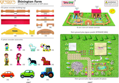 Wooden Logs Toys Farm Playset, 207 Pieces Wooden Construction Set for Animal Farm for Ages 3-6