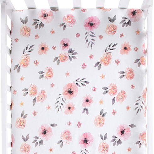 Pink Floral Girl Crib Sheet - 100% Combed Cotton, Breathable Watercolor Rose Baby Girl Crib Sheets