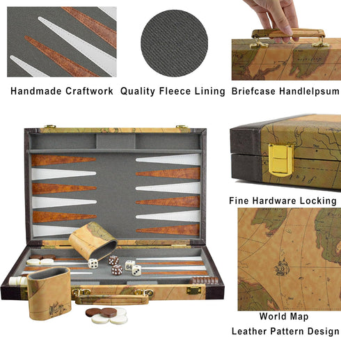Backgammon, Backgammon Sets 15" Backgammon Sets for Adults, Leather Travel - Classic Board Game (World Map Design)