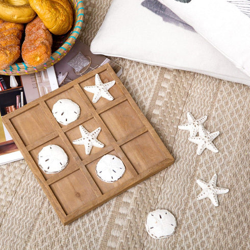 NIKKY HOME Beach Tic Tac Toe Wood Board Travel Game for Fun, 8.97 by 8.97-in Distressed White