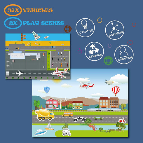 Portable Magnetic Playboard with Cars, Planes, Boats, Airport, Country, Farm Vehicles (39 Pcs)