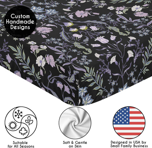 Sweet Jojo Designs Fitted Baby Crib Sheets (Black & Purple Wildflower Vintage Floral) for Girls, Infant Nursery