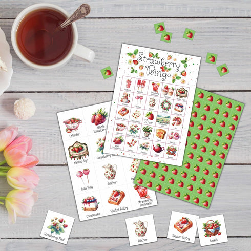 Strawberry Bingo Games - Summer Berry Bingo Card Set for 24 Players, Indoor Outdoor Activities, Birthday Favors