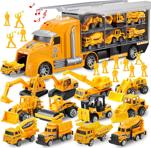 JOYIN 25 in 1 Construction Truck Vehicle Toy Set - Play Vehicles with Sounds and Lights in Carrier Truck