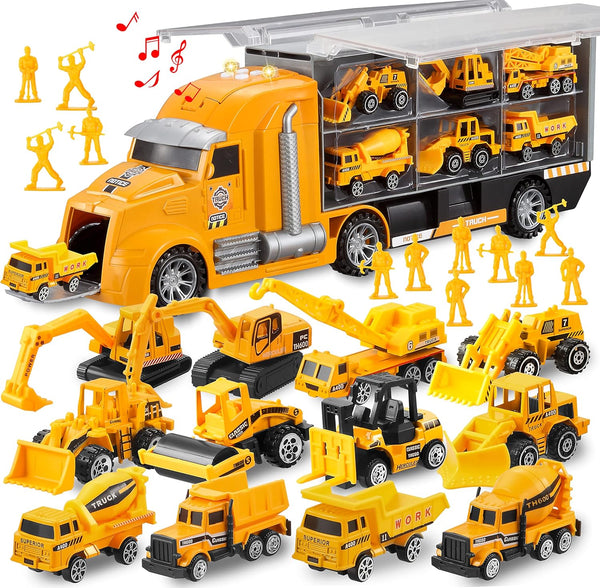 JOYIN 25 in 1 Construction Truck Vehicle Toy Set - Play Vehicles with Sounds and Lights in Carrier Truck