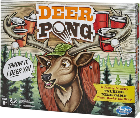 Deer Pong Game, Features Talking Deer Head and Music, includes 6 Party Cups and 8 Balls, Fun Family Game for Ages 8 and Up