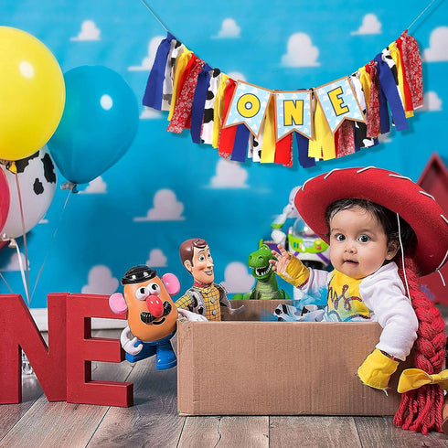 1st 1st Toy Theme Birthday Banner - Toy Inspiration Story's Birthday High Chair Banner,Western Party Decorations, West