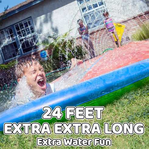 JAMBO 24Ft XL Slip Splash and Slide - Heavy Duty Lawn Water Slide with Inflatable Crash Pad and 2 Bodyboards