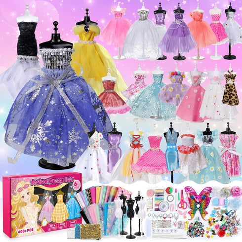 YEETIN Fashion Designer Kits for Girls Ages 6+, 600+ Pcs Kids Sewing Kits, Arts & Crafts Set, Doll Clothes Making