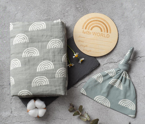 Miaoberry 100% Organic Cotton Muslin Blanket - Sage Green Rainbow Baby Swaddle Set for Newborns