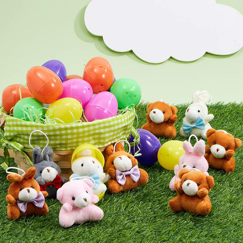 24 JOYIN Pcs Pre-Filled Easter Egg with Plush Bunnies and Bears, Plush Animal Keychain for Kids Easter Egg Hunt, Goodie