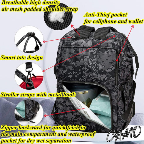 Backpack Backpack MOMMY Camo Diaper Bag for Dad and Mom with USB Charging Port Stroller Straps and Insulated