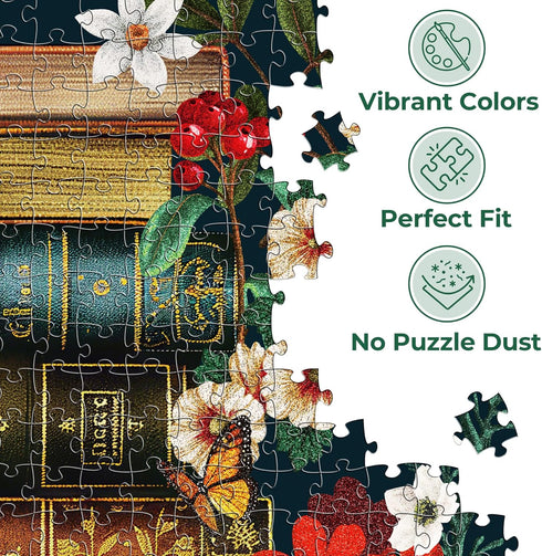 1000 BenBen Puzzles for Adults Pieces, Vintage Books and Wildflower Jigsaw Puzzle with Letters on Back, Challenging