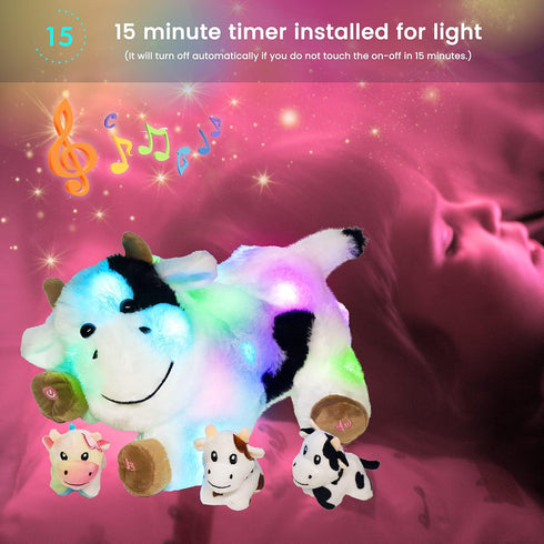 Hopearl LED Musical Stuffed Cow Playset, Singing Plush Toy with 3 Baby Cows, Adjustable Volume Lullaby.