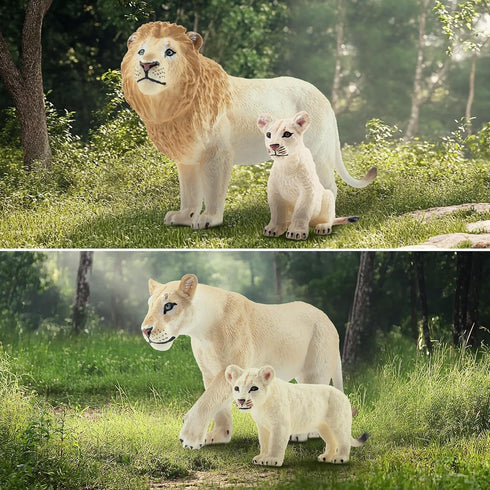6PCS 2-5" Set Toymany White Lion Figurines with Lion Cubs, Wild Life Jungle Animals Figures Realistic Family Includes