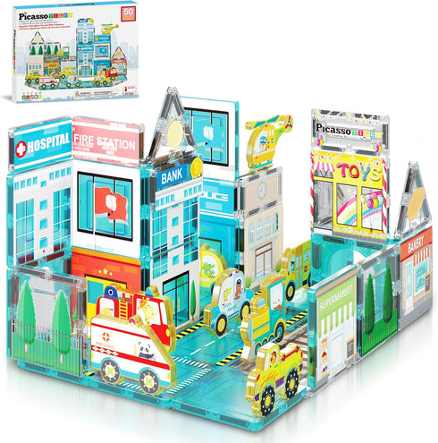 PicassoTiles Metro City Hospital Magnetic Tile Building Set with 8 Vehicles and