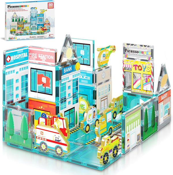 PicassoTiles Metro City Hospital Magnetic Tile Building Set with 8 Vehicles and