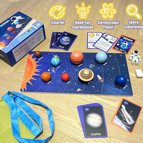 30 COOLDUCK Pcs Wooden Solar System Model Board Toy Kit, Montessori Planet Balls Toys with Astronaut Figures, Preschool