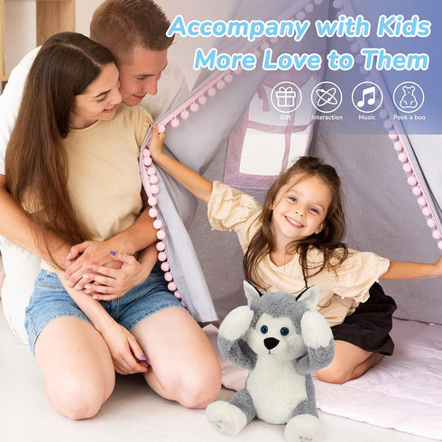 Hopearl Peek A Boo Husky Interactive Plush Dog Toy, Musical Singing Talking Stuffed Animal, Gray, 11.5''.