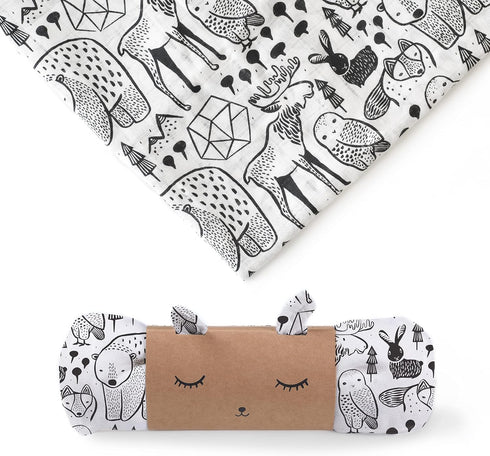 Wee Gallery Organic Muslin Swaddle - Nordic Woodland Animals Design, Black and White for Baby Development