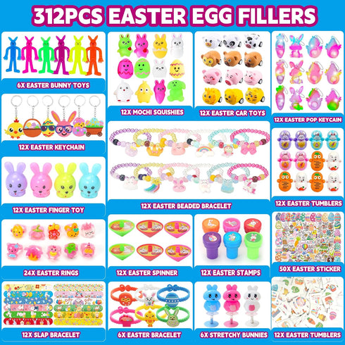 Fumogym 312PCS Easter Egg Fillers for Kids Boys Girls Basket Stuffers Party Favors Easter Toy Gifts Egg Hunt Party