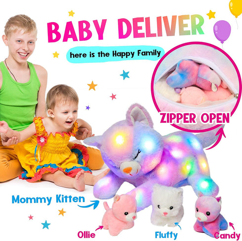 Hopearl LED Musical Stuffed Cat, Singing Plush Toy Playset with 3 Baby Kittens, 18'' Rainbow
